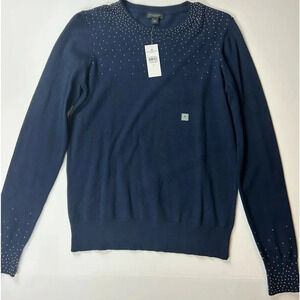 Ann Taylor Factory Shimmer Dot Crew Neck Sweater-Color Navy- Size Small
